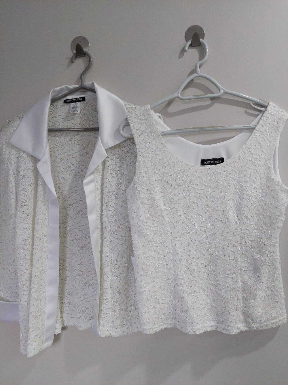 Soft Works White Embroidered Lace Cardigan and Tank top Set Sequin